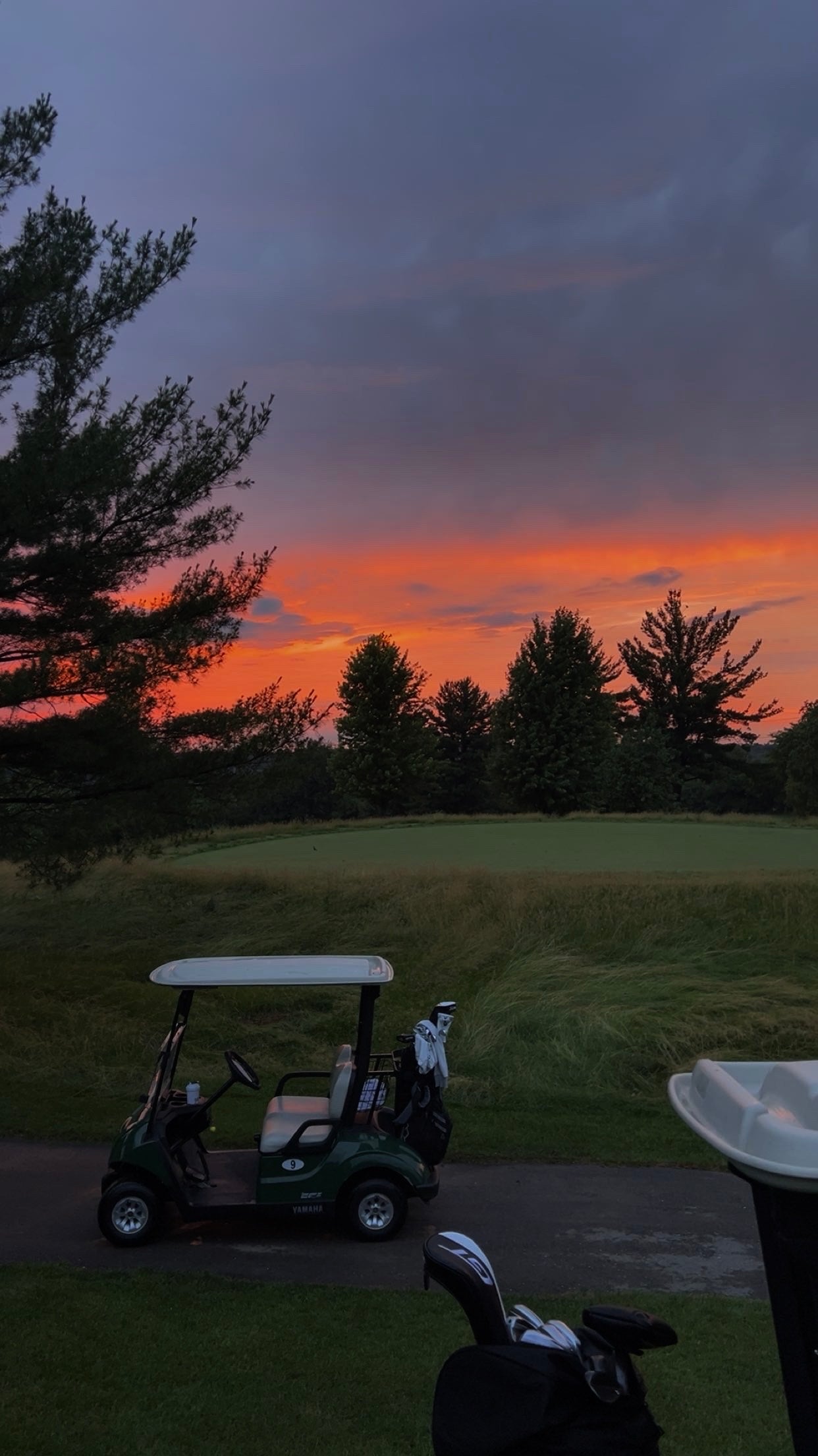 Golf cart on a golf course with a sunset sky and trees in the background